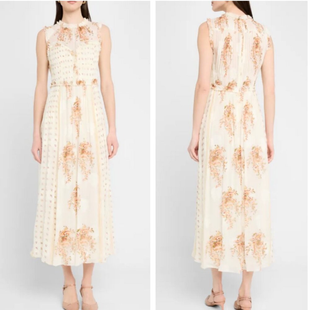 Ulla Johnson Ivory and Peach Floral Midi Dress